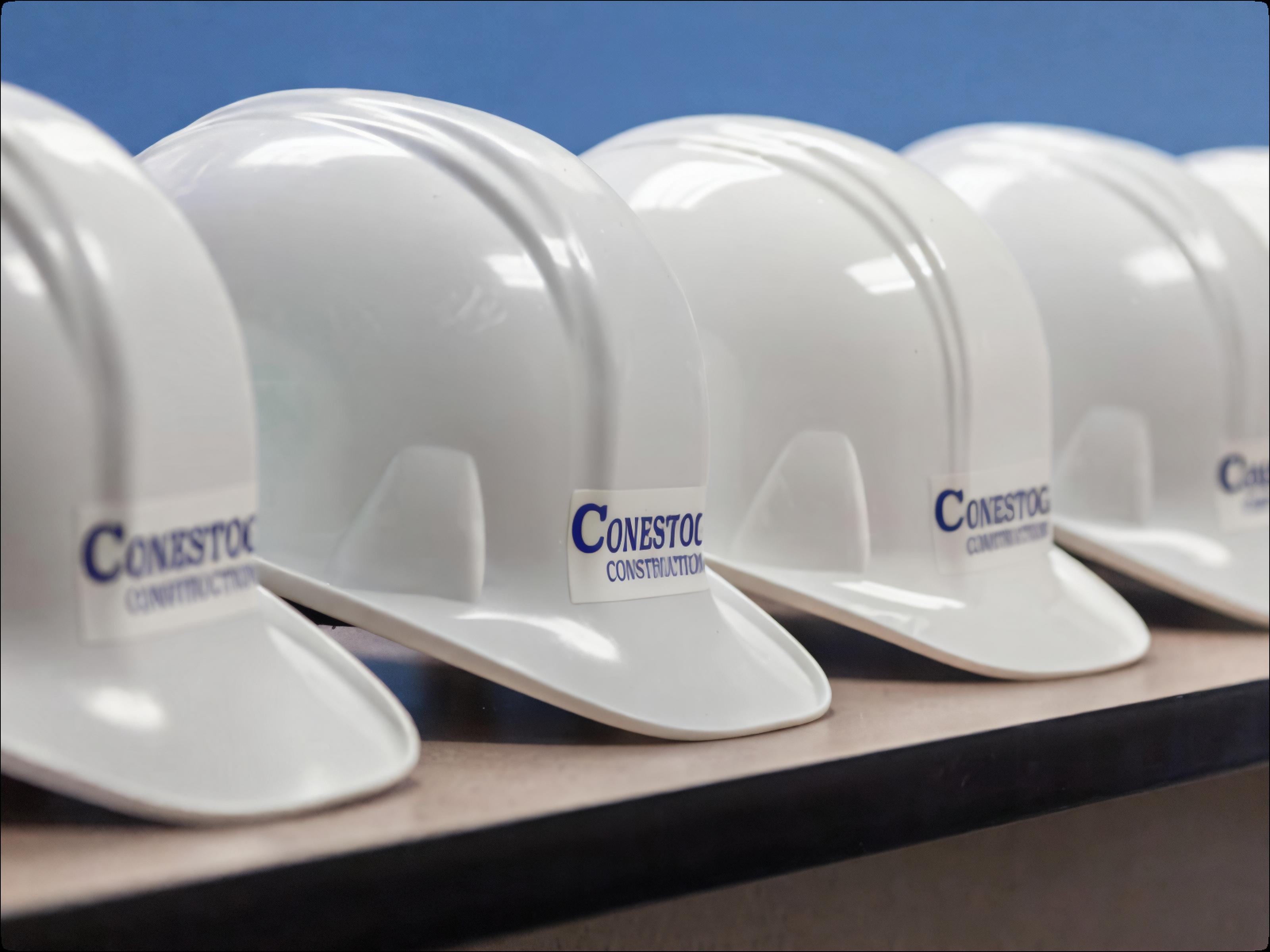 Row of Conestoga Construction branded hard hats