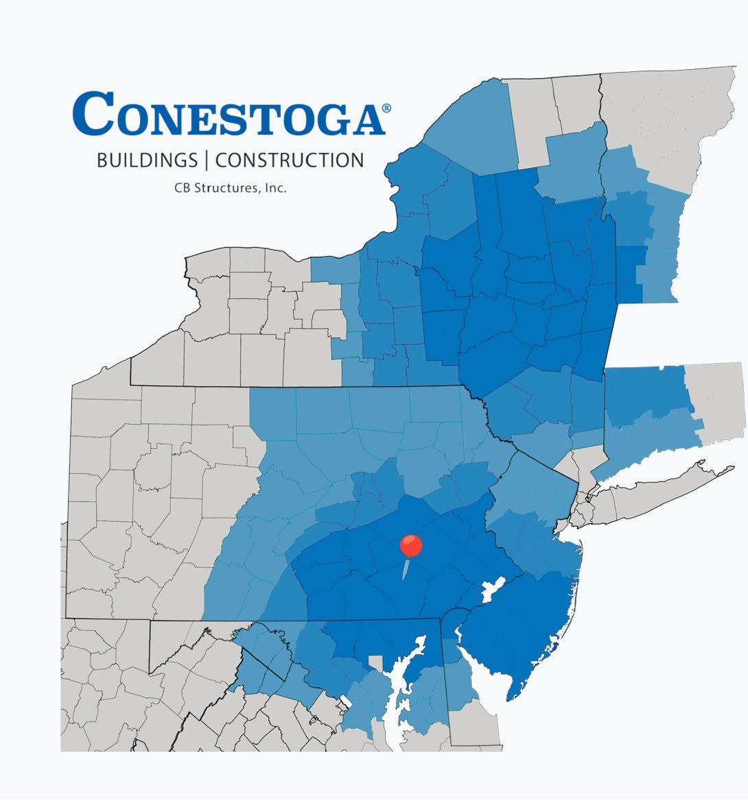 Map of Conestoga's Pennsylvania, New Jersey, and New York service area, shaded by county coverage